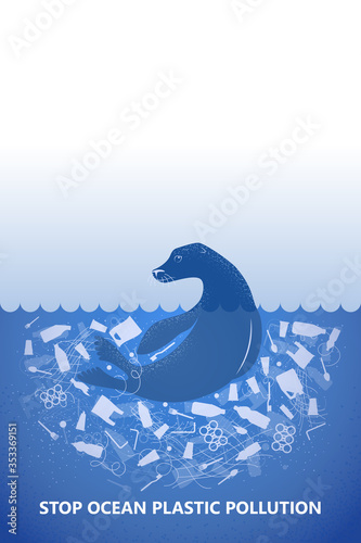 Stop ocean plastic pollution. Ecological poster Fur seal, marine animal in water with white plastic waste bag, bottle on blue background. Copy space place. Flat design.