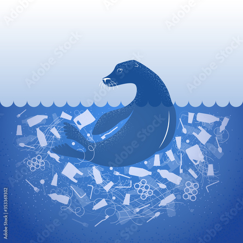 Stop ocean plastic pollution. Ecological poster fur seal in water with white plastic waste bag, bottle on blue background. Sea animal in garbage. Flat design.