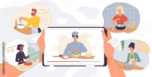 Online cooking courses  culinary master class service. Internet school mobile application. Digital communication. Woman man watch video on tablet display. Chef teacher preparing food at kitchen
