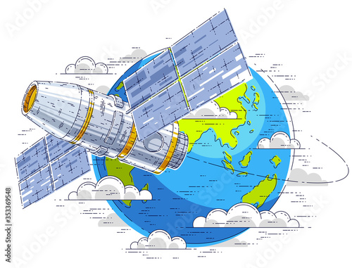 Space station flying orbital spaceflight around earth, spacecraft spaceship iss with solar panels, artificial satellite. Thin line 3d vector illustration.