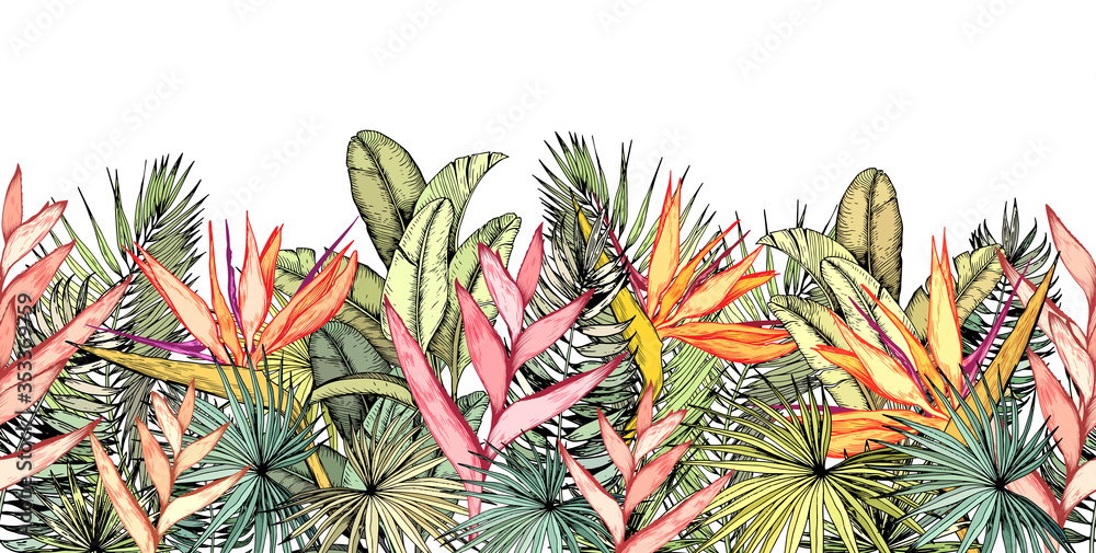 Obraz premium Niekończąca się pozioma krawędź z tropikalnymi liśćmi palm, kwiatami heliconia i strelitzia.