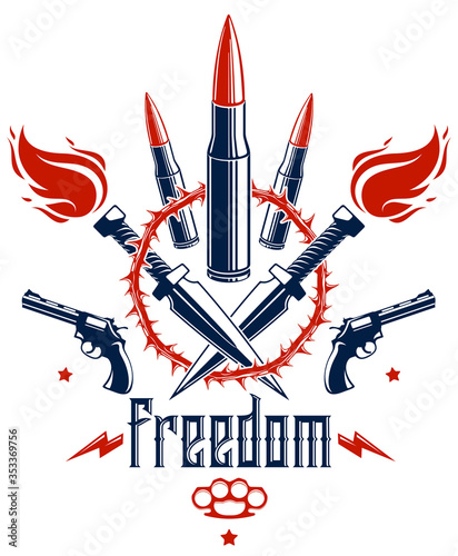 Revolution and War vector emblem with bullets and guns, logo or tattoo with lots of different design elements, riot partisan warrior, criminal and anarchist style, social tension theme.