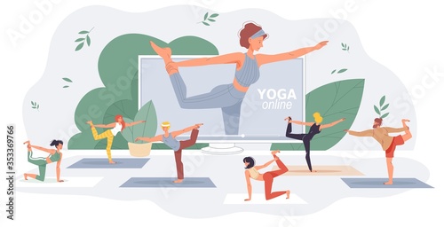 Yoga stretching fitness internet classes for home training. Woman instructor on computer screen. Sportswoman exercising watching online lesson. People distancing during epidemic of coronavirus