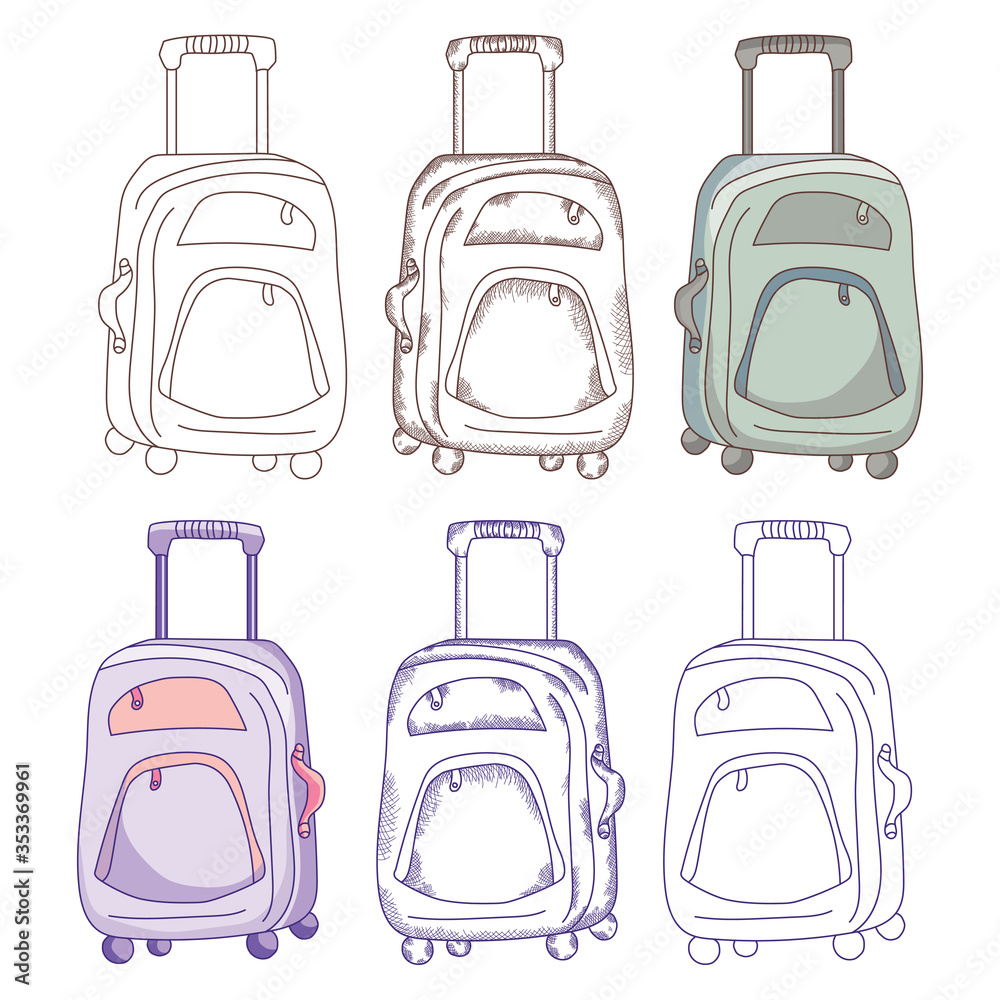 Travel stuff. The suitcase is on wheels. Different design options - contour, shading, vintage, contour and color. Vector illustration Travel stuff. The suitcase is on wheels. Different design options - contour, shading, vintage, contour and color. Vector illustration