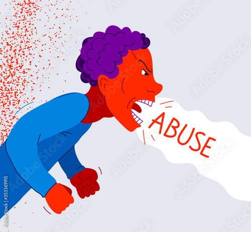 Aggressive man psychological abuser vector illustration, scream and shout quarrel with violent clenched fists, domestic violence and abuse, alcoholism bad behavior, psychopath manipulator.