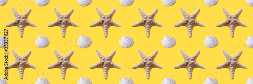Starfish, shells on a yellow background seamless pattern. Concept summer, vacation, sea