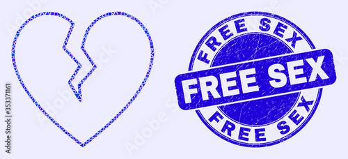 Geometric broken heart mosaic icon and Free Sex stamp. Blue vector rounded textured seal stamp with Free Sex phrase. Abstract mosaic of broken heart combined of circle, tringle,