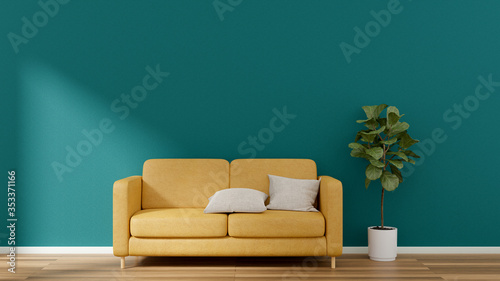 View of living room in minimal style with yellow sofa and fiddle fig on laminate floor
