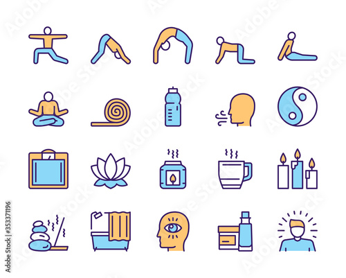 Vector color linear icon set of yoga lifestyle, asana, meditation