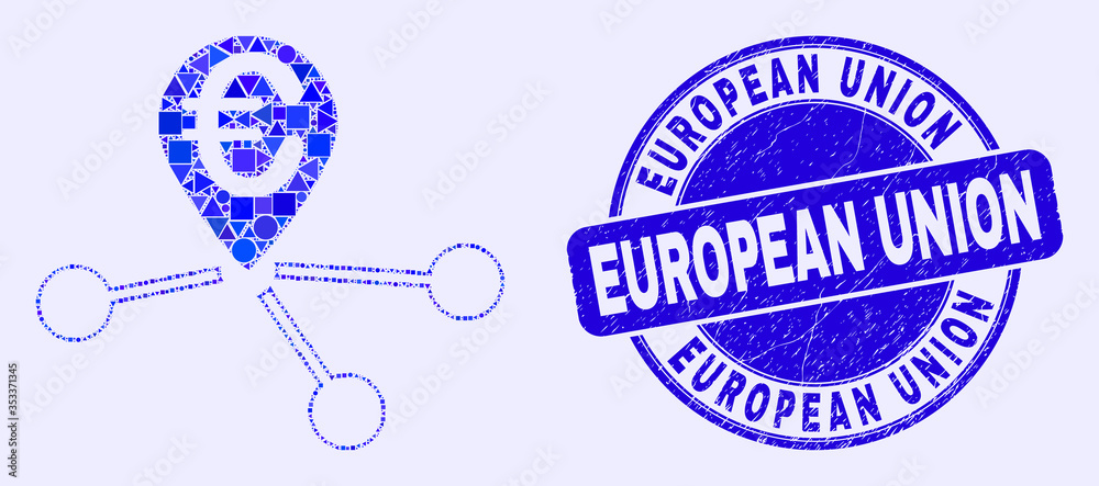 Geometric euro location links mosaic icon and European Union seal. Blue vector round textured seal with European Union message. Abstract composition of euro location links combined of round, tringle,