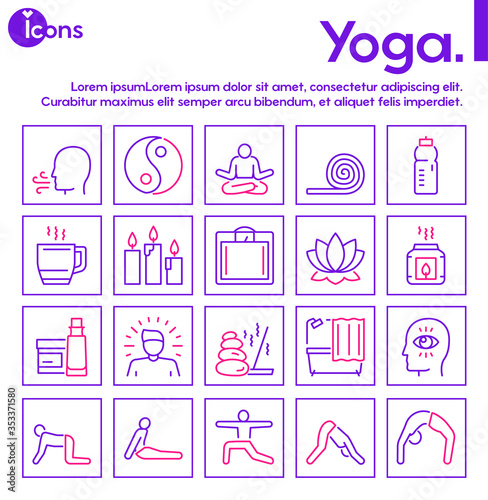 Vector linear icon of yoga lifestyle and asana banner set