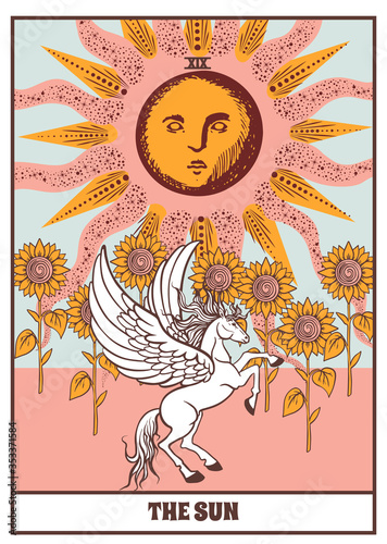 Tarot card sun, sunflowers and white pegasus. Occult, fortune telling, tapestry