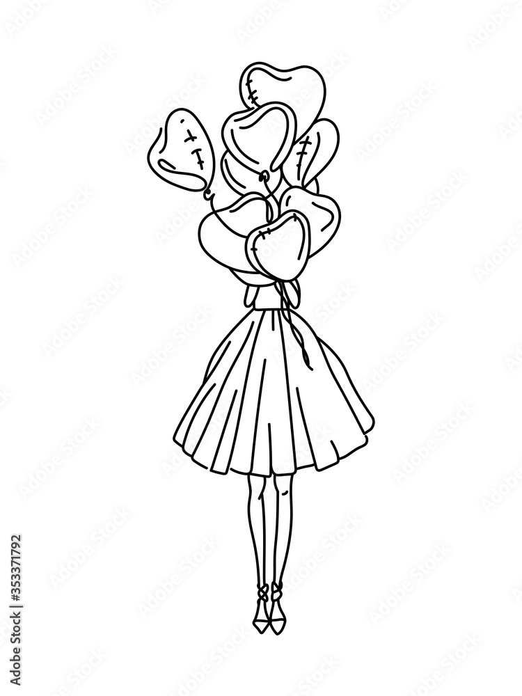 Sweet girl with pink balloon in the shape of a heart. Stylish young woman in azure dress. Hand draw, design, sketch for postcard, notepad, card. Hand drawn woman in fashion clothes. Line art drawing Sweet girl with pink balloon in the shape of a heart. Stylish young woman in azure dress. Hand draw, design, sketch for postcard, notepad, card. Hand drawn woman in fashion clothes. Line art drawing