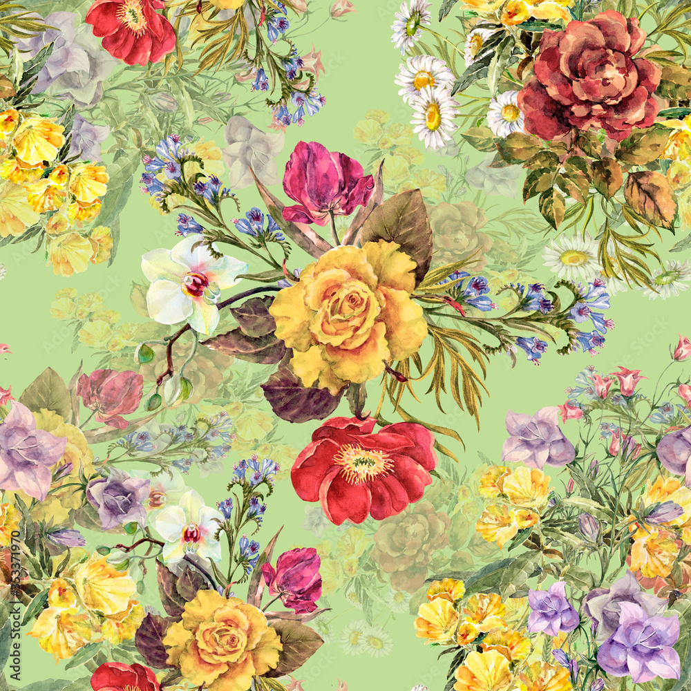 Watercolor bouquet different flowers with leaves on green background. Seamless pattern for fabric. Watercolor bouquet different flowers with leaves on green background. Seamless pattern for fabric.