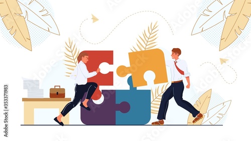 Business colleagues businesspeople team put business missing jigsaw puzzle piece. Solution generation, idea creation, strategy planning. Partnership, collaboration. Teamwork, teambuilding, connection