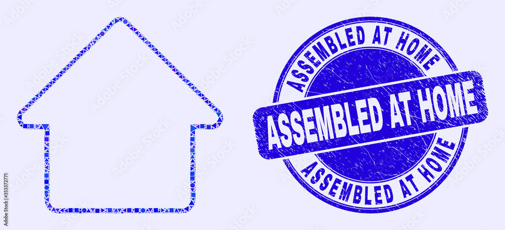 Obraz premium Geometric home mosaic pictogram and Assembled at Home stamp. Blue vector round grunge watermark with Assembled at Home caption. Abstract mosaic of home composed of spheric, tringle,