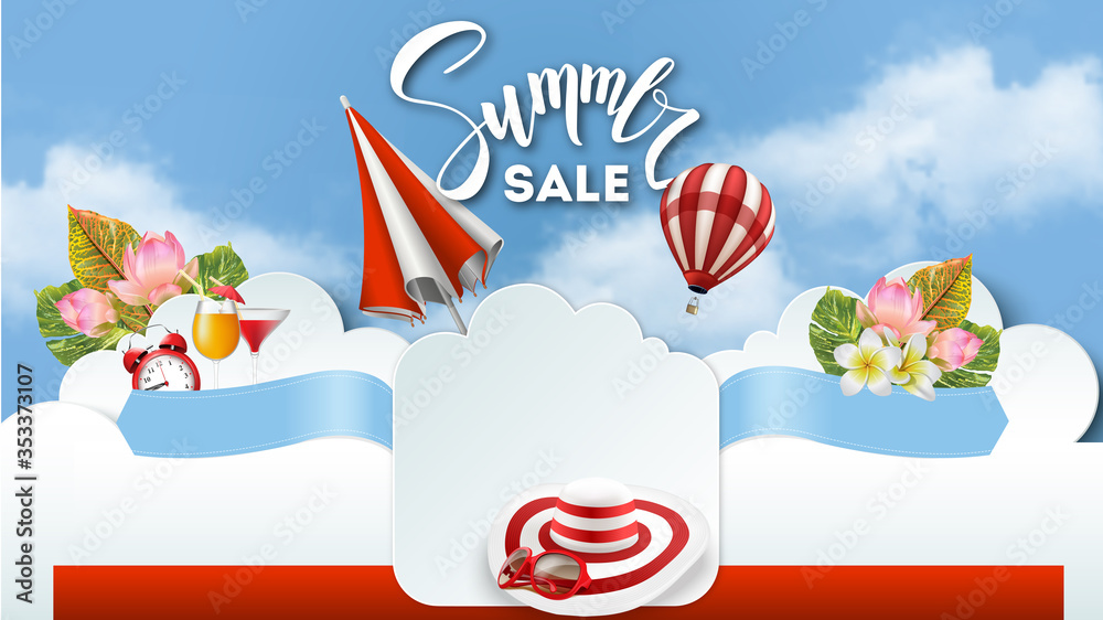 Obraz premium Summer Sale Design Template with Banner, Woman Hat, Sunglasses, Umbrella, Air Balloon, Tropical Leaves, Flowers. Seasonal Design for Coupon, Poster, Flyer. Add your message to empty space at banner.