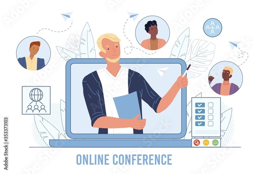 Online business video conference, meeting friends. Teamwork, communication. Internet technology global connection, web chatting. Leader, boss chief on laptop screen, interlocutors avatar talking