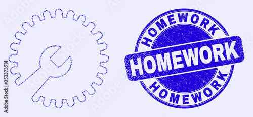 Geometric repair wrench mosaic icon and Homework seal. Blue vector round textured seal stamp with Homework phrase. Abstract concept of repair wrench composed of round, tringle, square geometric items.