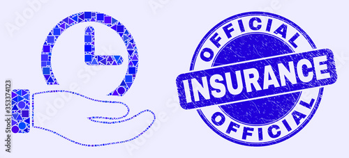 Geometric time service hand mosaic pictogram and Official Insurance seal. Blue vector round scratched seal stamp with Official Insurance caption.