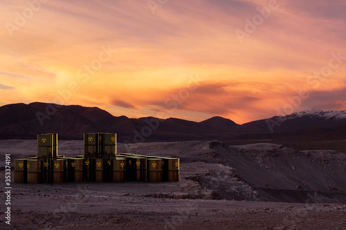 3D rendering of a stack of barrels with radioactive material abandoned in the desert.