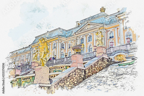 Fotografi Waterclor drawing picture of Grand Cascade at Grand Palace at Peterhof Palace Famous landmark at Saint petersburg Russia