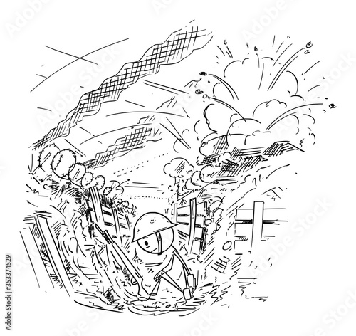 Vector cartoon stick figure drawing conceptual illustration of depressed or tired soldier sitting in trench while around is raging war or battle.
