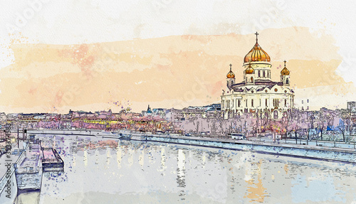 Watercolor drawing picture of Cathedral of Christ the Saviour famous landmark view of Moscow Russia