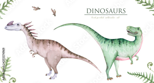 Hand painted watercolor cute dinosaurs, isolated on white background. The illustration is perfect for creating postcards,printed fabrics, packaging and DIY design. photo