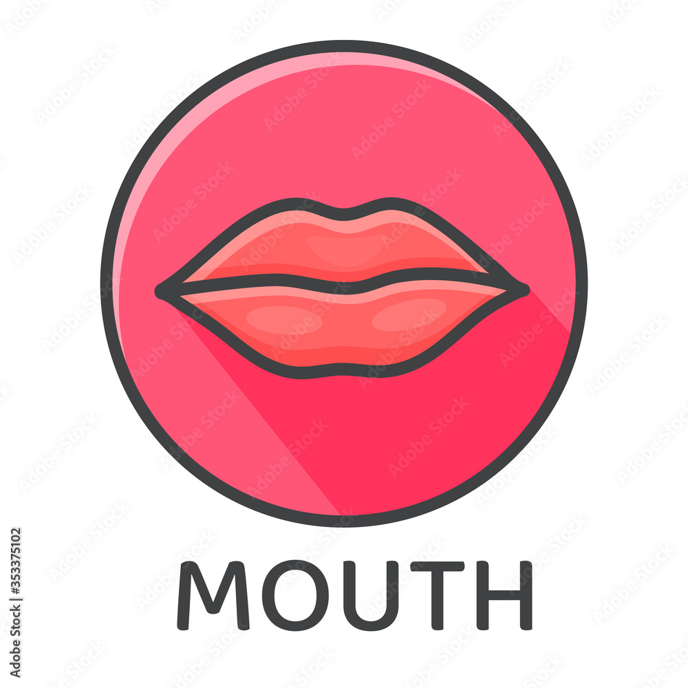 The mouth icon is flat and the long shadow of the red mouth. Isolated on white background The mouth icon is flat and the long shadow of the red mouth. Isolated on white background