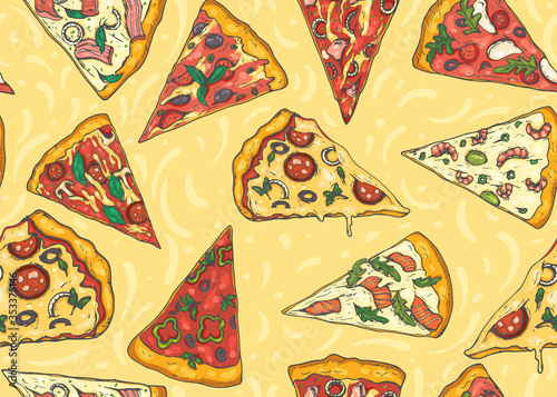 Seamless pattern with hand drawn slices of pizza