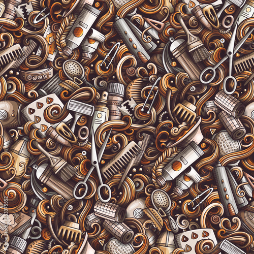 Hair Salon hand drawn doodles seamless pattern. Hairstyle background.