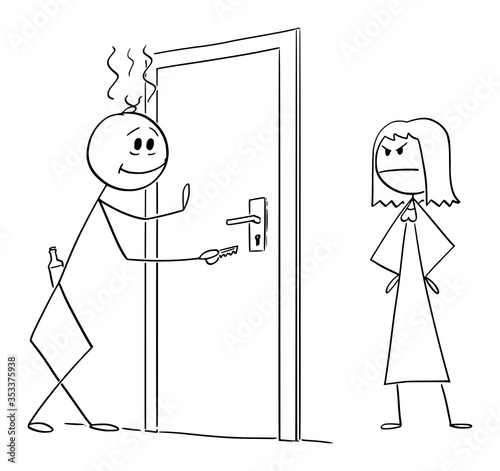 Vector cartoon stick figure drawing conceptual illustration of drunk man returning home. Angry wife is waiting for him. Concept of alcoholism.