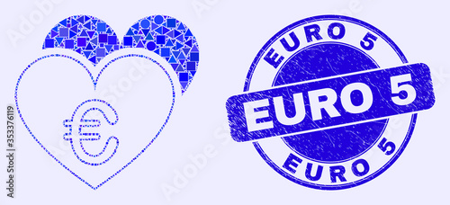Geometric euro love hearts mosaic pictogram and Euro 5 seal stamp. Blue vector rounded scratched seal with Euro 5 text. Abstract mosaic of euro love hearts composed of sphere, tringle,