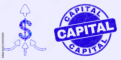 Geometric payment aggregator mosaic pictogram and Capital seal stamp. Blue vector round scratched stamp with Capital caption. Abstract mosaic of payment aggregator organized of round, triangles,