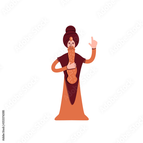 Indian guru flat color vector character. Hindu monk. Wisdom and knowledge. Wise man. Priest in turban. Sage isolated cartoon illustration for web graphic design and animation