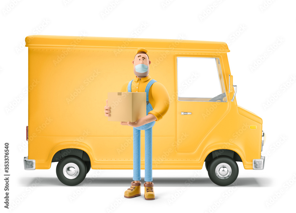 Safe delivery concept. Truck delivery service and transportation. 3d illustration. Cartoon yellow car with driver character in medical mask. 