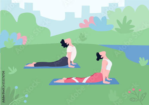 Outdoor yoga flat color vector illustration. Young couple, man and woman in cobra pose 2D cartoon characters with nature on background. Healthy lifestyle, relaxation exercise on fresh air