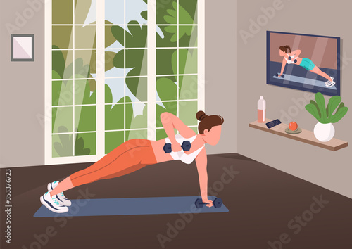 Working out at home flat color vector illustration. Sportswoman doing push ups with dumbbells 2D cartoon character with living room on background. Indoor training, domestic bodybuilding exercise