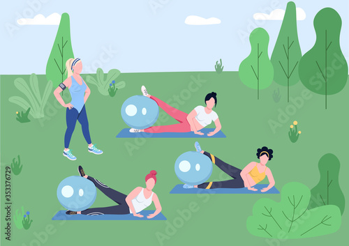 Outdoor pilates class flat color vector illustration. Female fitness instructor and young women training with stability balls 2D cartoon characters with nature on background. Fresh air workout