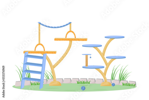 Playground cartoon vector illustration. Furniture for domestic animal to play. Backyard cat tower and pole to scratch. Pet house flat color object. Obstacle for pets isolated on white background