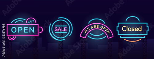 Storefront vector neon light board sign illustrations set. Night shopping commercial signboard designs pack with outer glow effect. Working hours and clearance sales fluorescent advertising banners