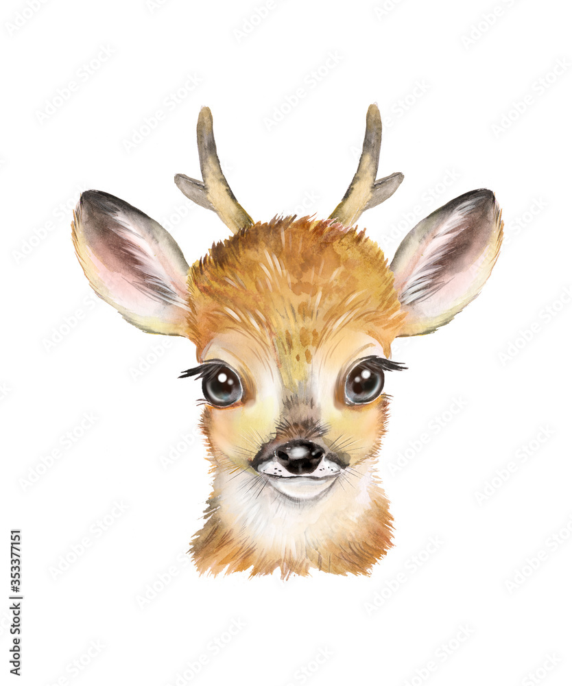 Obraz premium Watercolor illustration of a little deer, forest deer