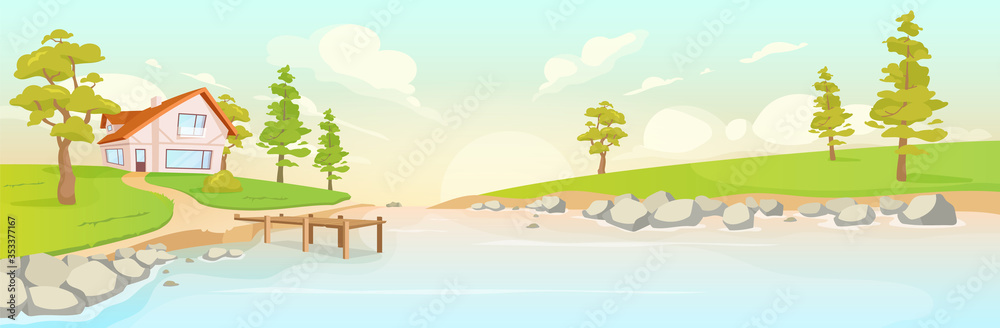 Secluded house on river bank flat color vector illustration. Summer sunrise in village 2D cartoon landscape. Countryside scenery at sunset. Ecotourism. Cabin next to lake in rural area