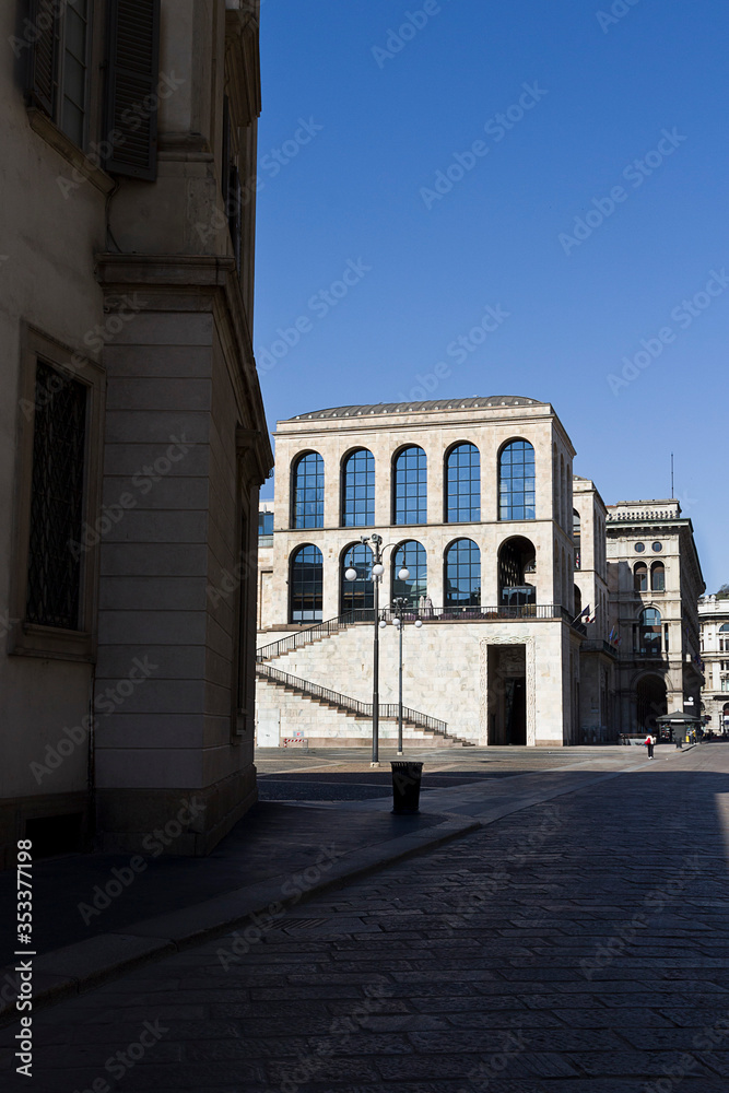Milan - Piazza del Duomo, view on palazzo dell'Arengario now Museo del 900, empty square during coronavirus epidemic period. Lombardy 2020
Milan - Piazza del Duomo, view on palazzo dell'Arengario now Museo del 900, empty square during coronavirus epidemic period. Lombardy 2020