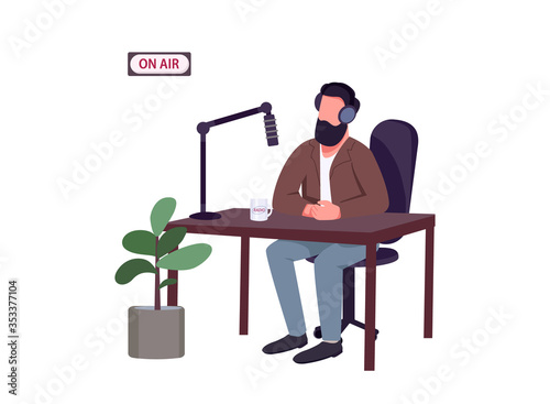 Radio show host flat color vector faceless character. Caucasian man talking to microphone isolated cartoon illustration for web graphic design and animation. Live podcast recording process