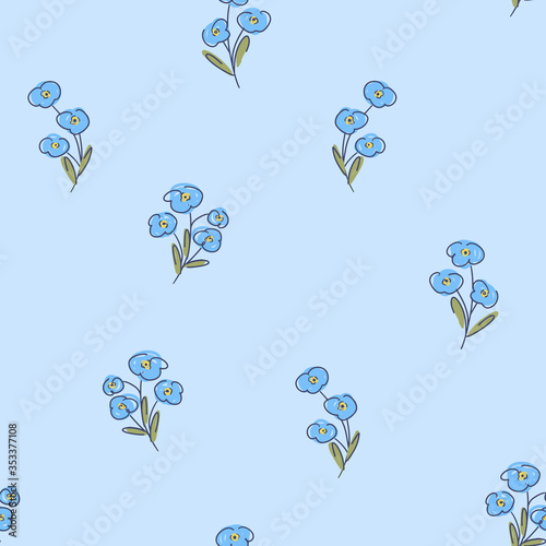 Forget-me-not childish seamless pattern, floral pattern, tiny blue flowers on blue background. Texture for kids - fabric, wrapping, textile, wallpaper, apparel. 
