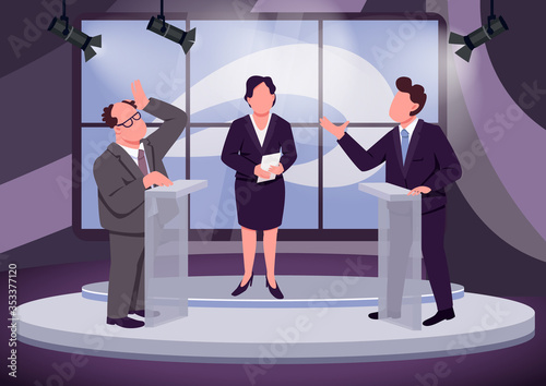 Television debate flat color vector illustration. Political talk show host and speakers 2D cartoon characters with studio on background. Public discussion. Political opponents behind tribunes