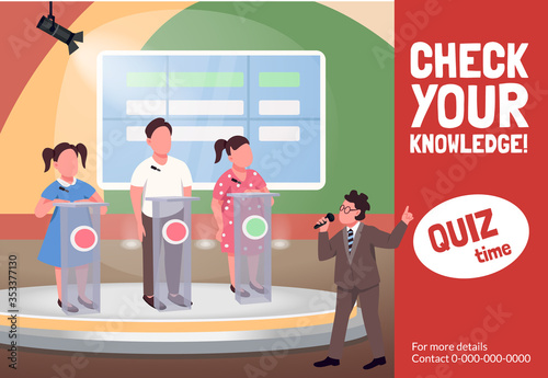 Quiz show banner flat vector template. Educational childish program brochure, poster concept design with cartoon characters. Trivia game, contest horizontal flyer, leaflet with place for text