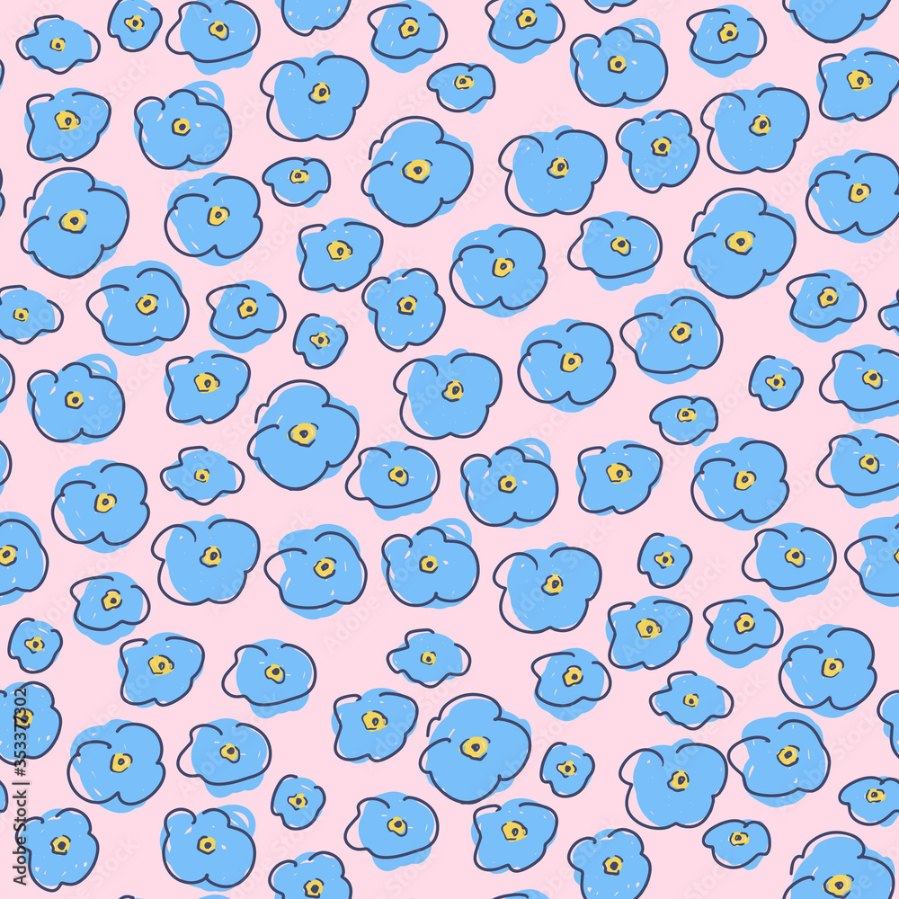 Fototapeta premium Forget-me-not childish seamless pattern, floral pattern, tiny blue flowers on pink background. Texture for kids - fabric, wrapping, textile, wallpaper, apparel. 